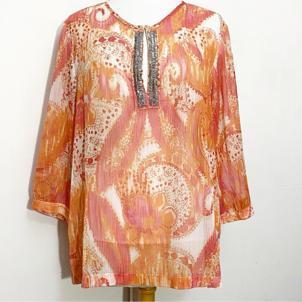 Chico's Vibrant Sheer Beaded Neck Orange and Pink Top Blouse. Chicos 2 (Size L)